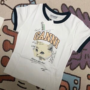 Ganni White Black Ringer T-shirt cute kitten cat print have Nice day Graphic Tee